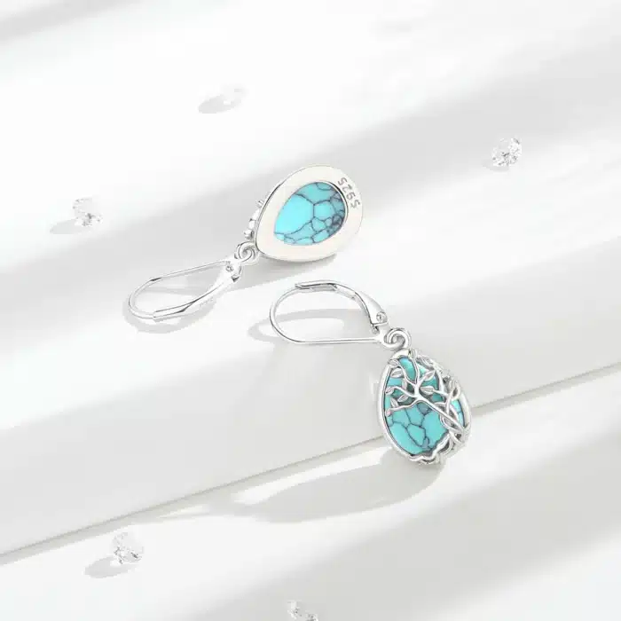 AEONSLOVE 925 boucles d'oreilles arbre de vie Turquoise en argent Sterling pour femmes boucles d'oreilles originales en forme de larme bijoux hypoallergéniques 4