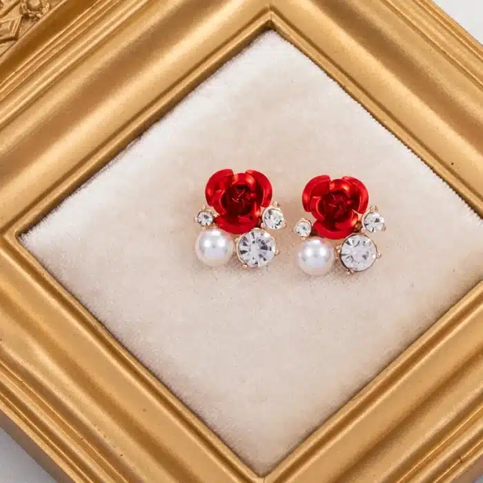 Mode rouge Rose strass boucles d'oreilles pour femmes papillon ange ailes perle fleurs boucle d'oreille mariée mariage fiançailles bijoux 13