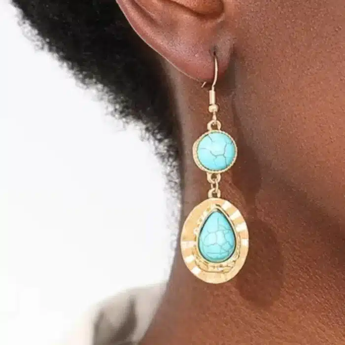 Boucles d'oreilles longues pour femmes, pendentif goutte d'eau en métal rétro, Turquoise, cadeau de fête de vacances, bijoux à la mode OL AE170-1 2