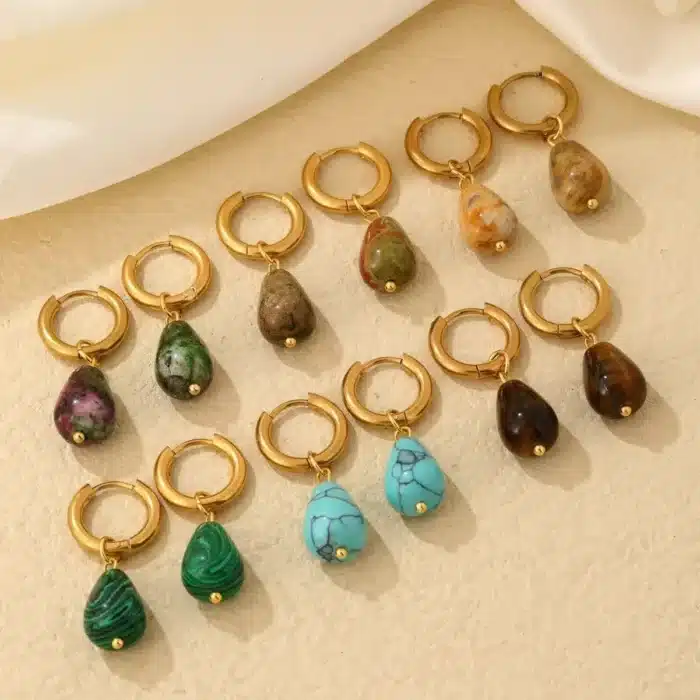 Boucles d'oreilles en pierre naturelle pour femmes, faites à la main, en cristal, Aventurine verte brute naturelle, en pierre de guérison 1