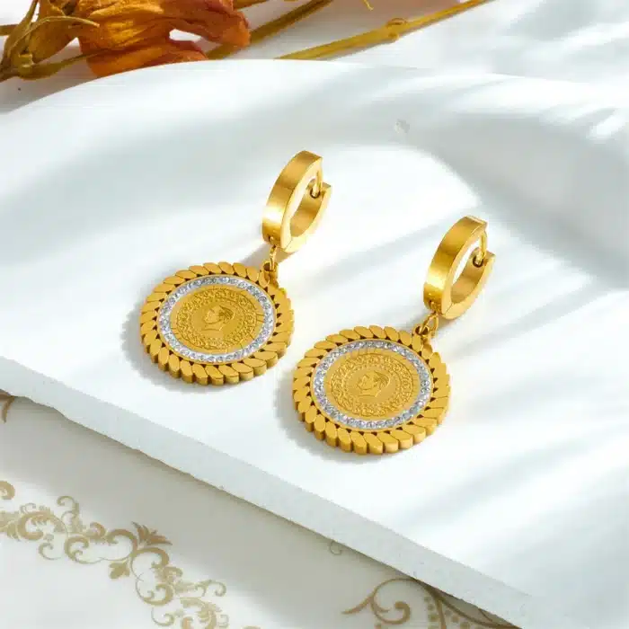 XIYANIKE-Boucles d'Oreilles Dorées en Acier Inoxydable SION L, Pendentif Portrait Rond, Accessoires Chics pour Femmes, Nouvelle Arrivée, Bijoux Cadeaux 3