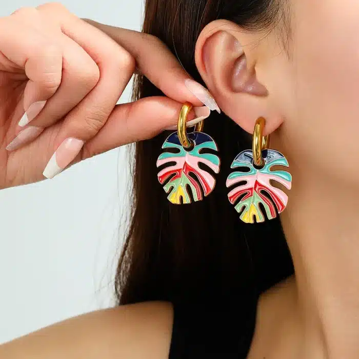 Boucles d'oreilles colorées en acier inoxydable pour femmes, grande feuille, couleur or, bijoux Vintage, boucles d'oreilles rondes en émail 5