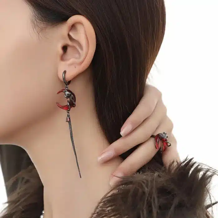 Boucles d'Oreilles Asymétriques Gemme Lune Rouge, Personnalité Hip-pop Gothique, Oreille Sombre, Pompon JOEardstress, Accessoire de Bijoux 3