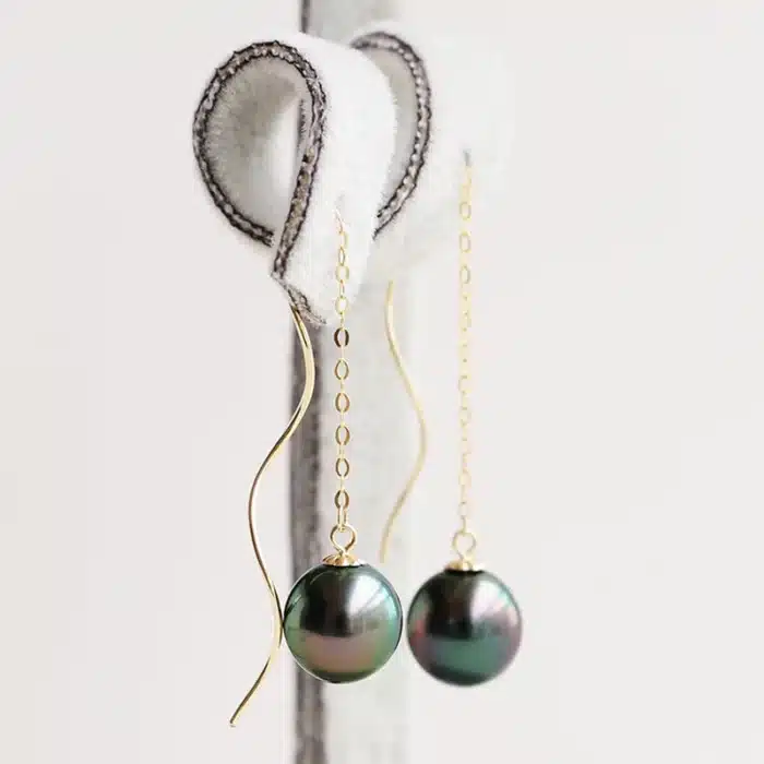 Boucles d'oreilles rondes parfaites en perles noires de Tahiti pour femmes, boucles d'oreilles en or véritable 18 carats, cadeau de mariée de mariage 10