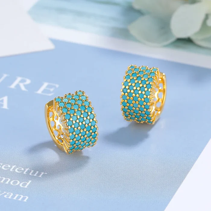 Boucles d'oreilles créoles rondes bleu turquoise simulées pour femmes, or, argent, petit document d'oreille, bijoux de mariage luxueux, cadeau de fiançailles 2
