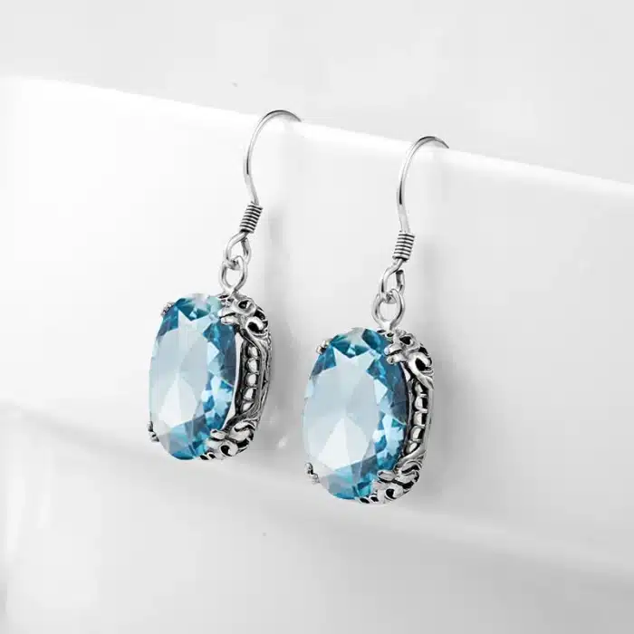 Szjinao-Boucles d'oreilles longues aigue-marine avec pierre pour femme, bijoux rétro vintage, argent 925, véritable levier arrière, excellente coupe 4