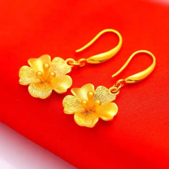 Véritable 18k couleur or fleur longue boucle d'oreille pour les femmes mariée mariage usage quotidien plaqué or boucle d'oreille bijoux cadeaux 6