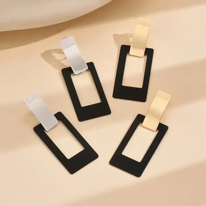 Boucles d'oreilles rectangulaires noires simples en métal pour femmes, boucles d'oreilles longues Vintage en or Non percées, bijoux cadeaux de vacances quotidiens 6