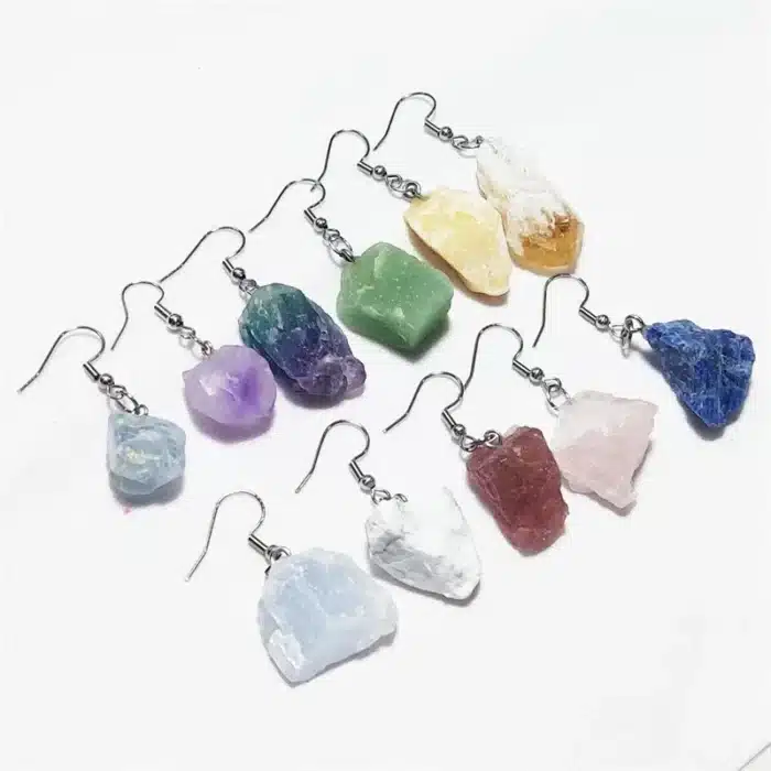 Boucles d'oreilles en pierre naturelle, minerai brut brut irrégulier, fluorite, améthystes, Quartz, cristal, Agates, crochet en acier inoxydable 3