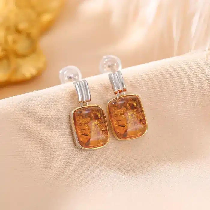 GXGlint 925 argent Sterling ambre pierre boucles d'oreilles naturelles carré ambre boucles d'oreilles 925 rétro boucles d'oreilles Vintage femme bijoux quotidiens 2