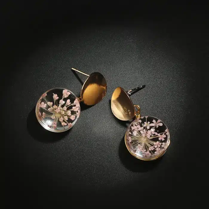 Boucles d'oreilles de mariage en fleurs séchées, bijoux à la mode, boule transparente, couleur or, paillettes, suspendues pour femmes 6
