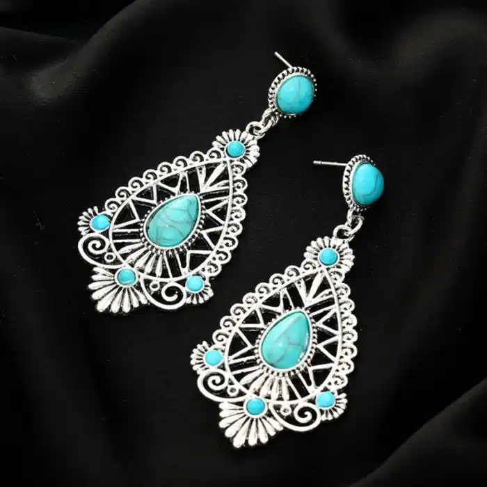 Boho ethnique Vintage Imitation Turquoise boucles d'oreilles pour femmes creux bohème goutte d'eau alliage déclaration boucles d'oreilles 2