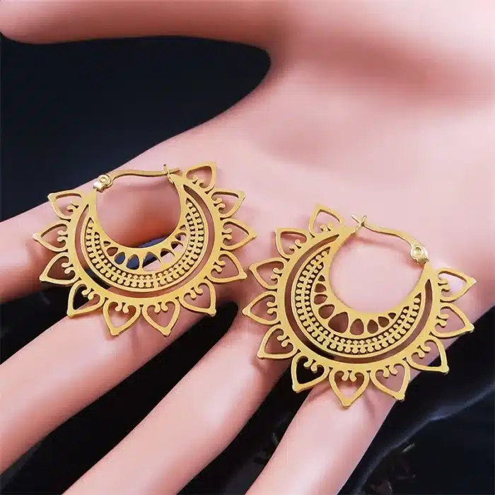 Inde gitane Tribal ethnique Mandala boucles d'oreilles en acier inoxydable femmes couleur or fleur de Lotus boucles d'oreilles bijoux aretes E9354S01 3