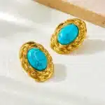 DIEYURO 316L acier inoxydable doré tissé ovale incrusté Turquoise boucle d'oreille pour les femmes nouvelle tendance mode oreille boucle bijoux cadeau 3