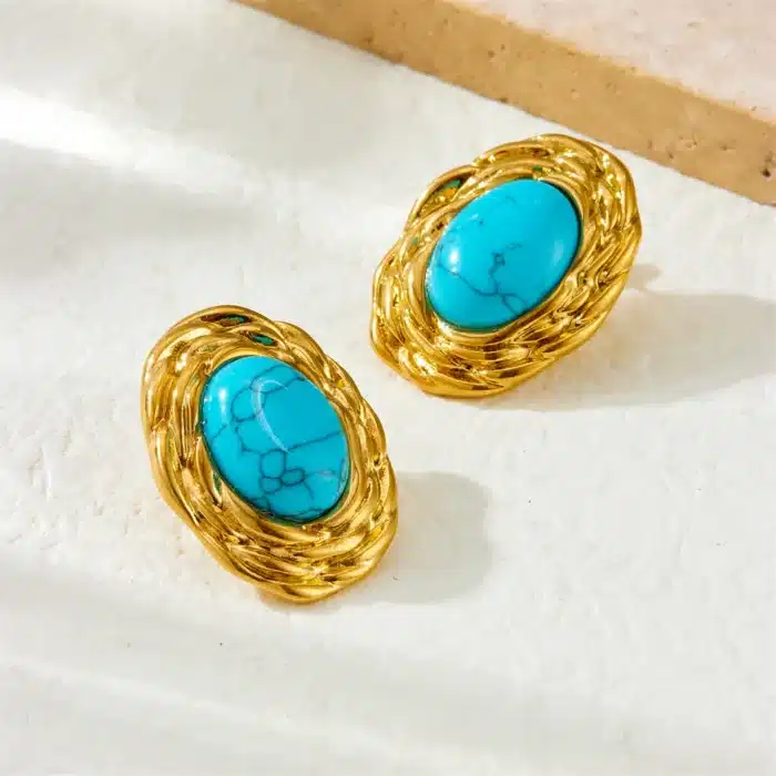 DIEYURO 316L acier inoxydable doré tissé ovale incrusté Turquoise boucle d'oreille pour les femmes nouvelle tendance mode oreille boucle bijoux cadeau 3