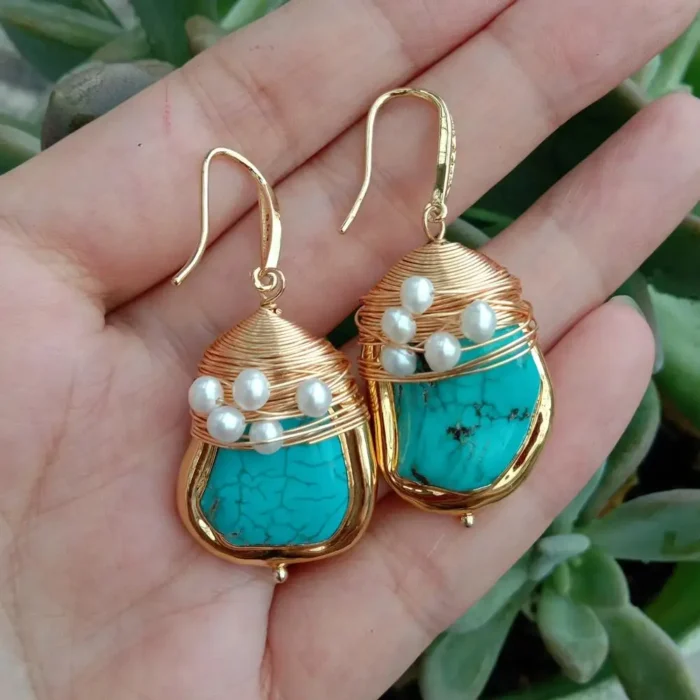 YYGEM-Boucles d'Oreilles Bleu Turquoise Perle de Culture Blanche Plaquée Or, Crochet Torsadé, Bijoux en Pierre, 21x27mm 5