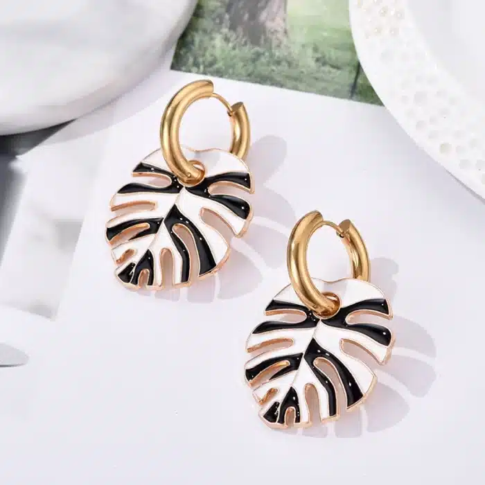 Boucles d'oreilles colorées en acier inoxydable pour femmes, grande feuille, couleur or, bijoux Vintage, boucles d'oreilles rondes en émail 3