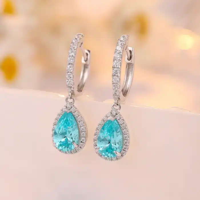NEO CARAT S925 argent plaqué or blanc 18 carats boucles d'oreilles Paraiba cultivées 3,08 ct forme de gouttelette d'eau vitrine goût moderne 3
