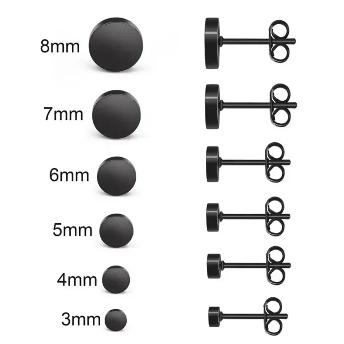 2 pièces en acier inoxydable rond noir clous d'oreille pour hommes, 3-8mm Punk boucle d'oreille Push Back boucles d'oreilles pour femmes hommes bijoux 1