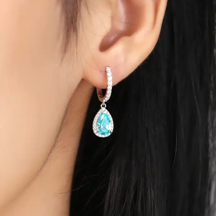 NEO CARAT S925 argent plaqué or blanc 18 carats boucles d'oreilles Paraiba cultivées 3,08 ct forme de gouttelette d'eau vitrine goût moderne 4