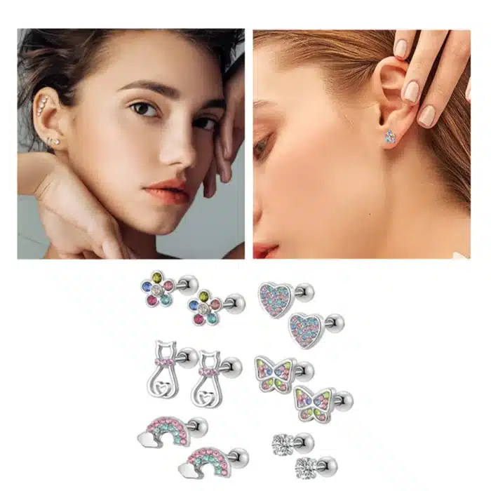 Boucles d'oreilles à vis en acier inoxydable 316L, 2/12 pièces, zircone cubique, boucles d'oreilles papillon, cœur, arc-en-ciel, chat, fleur, Cartilage 6