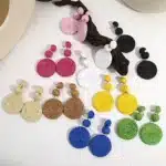 AENSOA Boho jaune raphia rond boucles d'oreilles pour femmes à la main géométrique rotin tricot suspendus boucles d'oreilles été plage bijoux 2