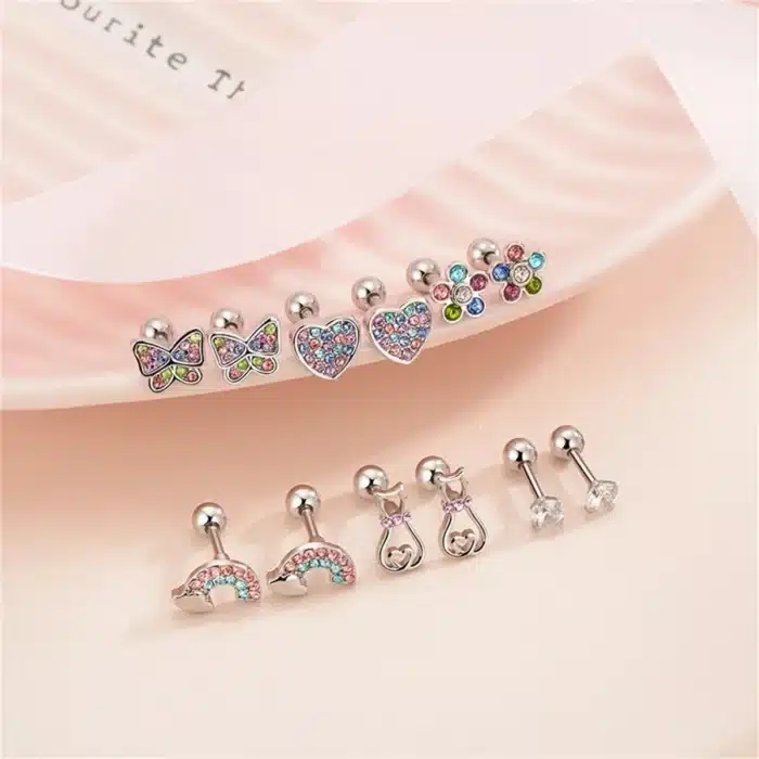 Boucles d'oreilles à vis en acier inoxydable 316L, 2/12 pièces, zircone cubique, boucles d'oreilles papillon, cœur, arc-en-ciel, chat, fleur, Cartilage 2