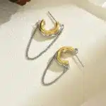 Boucles d'oreilles géométriques bicolores en acier inoxydable, cerceau en forme de C plaqué or 18 carats, Double couche carrée ronde, bijoux imperméables 15