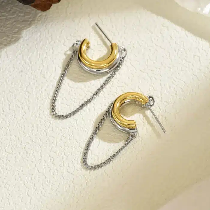 Boucles d'oreilles géométriques bicolores en acier inoxydable, cerceau en forme de C plaqué or 18 carats, Double couche carrée ronde, bijoux imperméables 15