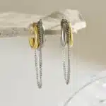 Boucles d'oreilles géométriques bicolores en acier inoxydable, cerceau en forme de C plaqué or 18 carats, Double couche carrée ronde, bijoux imperméables 16