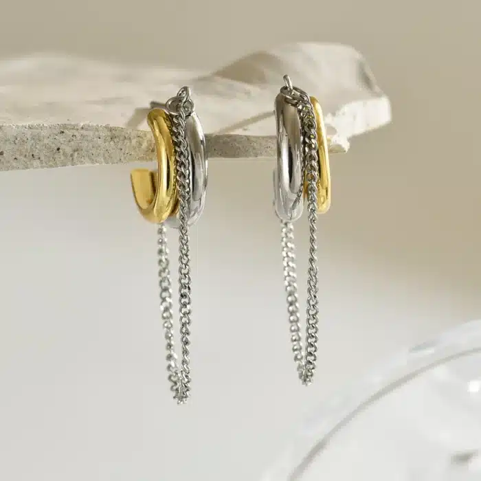 Boucles d'oreilles géométriques bicolores en acier inoxydable, cerceau en forme de C plaqué or 18 carats, Double couche carrée ronde, bijoux imperméables 16