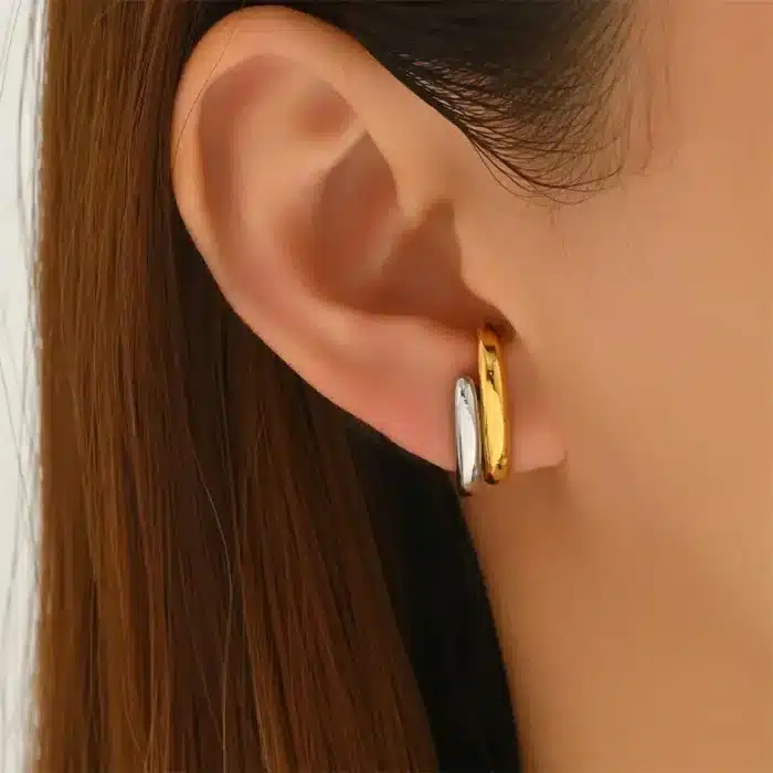 Petites boucles d'oreilles Double couleur or et argent, Clip d'oreille Piercing pour femmes, breloque en acier inoxydable, bijoux uniques étanches 8