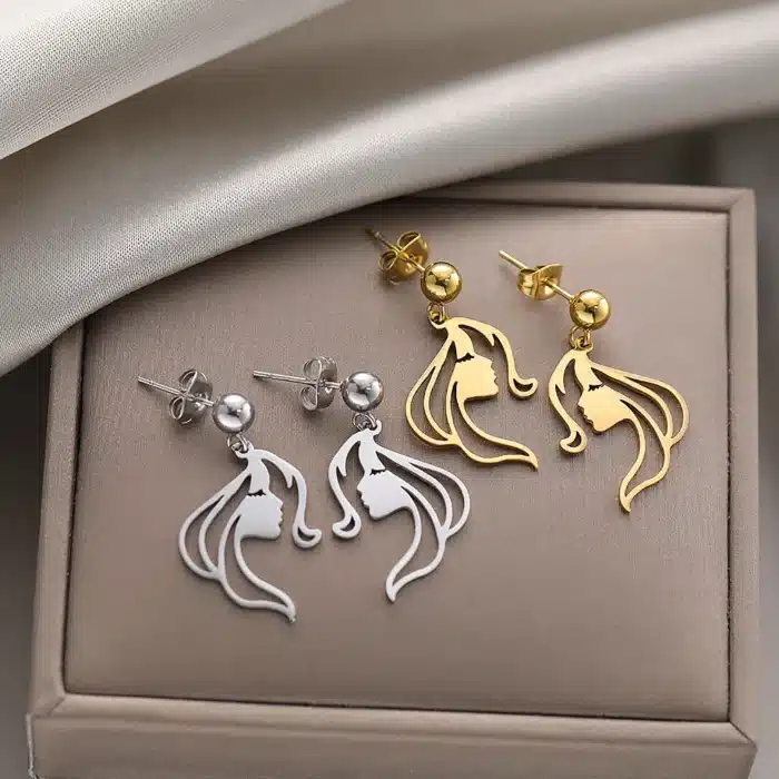 DOTIFI acier inoxydable Illustration Style beauté fille tête Art visage pendentif boucles d'oreilles femme mode personnalité Design bijoux 5