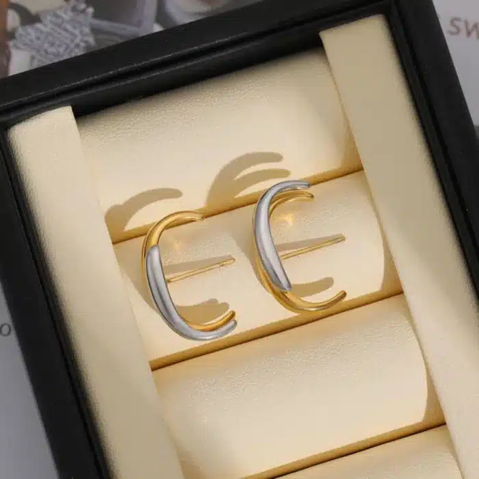 Petites boucles d'oreilles Double couleur or et argent, Clip d'oreille Piercing pour femmes, breloque en acier inoxydable, bijoux uniques étanches 4