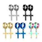 Boucles d'oreilles Punk en acier inoxydable, 1 paire, pendentif croix, pour hommes et femmes, ne se décolore pas, anneaux d'oreille Hip Hop, bijoux masculins 12