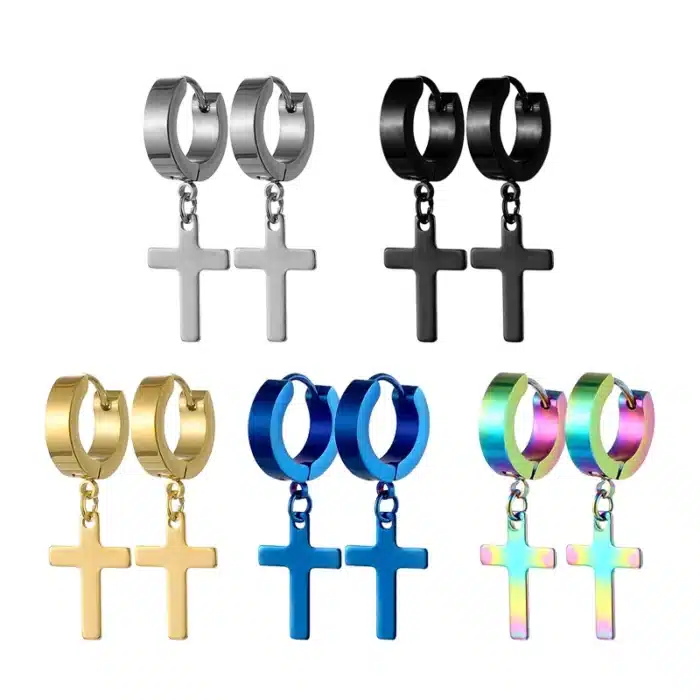 Boucles d'oreilles Punk en acier inoxydable, 1 paire, pendentif croix, pour hommes et femmes, ne se décolore pas, anneaux d'oreille Hip Hop, bijoux masculins 12