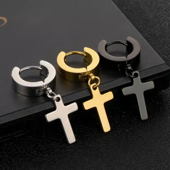 Boucles d'oreilles Punk en acier inoxydable, 1 paire, pendentif croix, pour hommes et femmes, ne se décolore pas, anneaux d'oreille Hip Hop, bijoux masculins 6