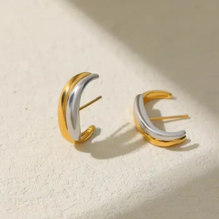 Petites boucles d'oreilles Double couleur or et argent, Clip d'oreille Piercing pour femmes, breloque en acier inoxydable, bijoux uniques étanches 3